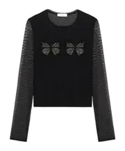 Blumarine Butterfly-Embellished Semi-Sheer Mesh Top Black