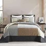 Finlonte Oversized King Bedspread 120"x120" - 100% Cotton Lightweight Quilted Bedspreads Patchwork Coverlet Set, Farmhouse Bedding Plaid Oversized King Quilt with 2 Pillow Shams, Brown/Gray/Beige