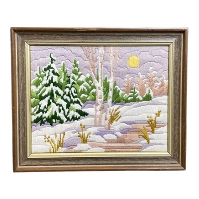 Vintage Framed Winter Crewel Embroidery Wall Art Handmade Needlework Textile