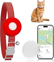 Cat GPS Tracker for Cats, Waterproof Pet GPS Tracker, Cat GPS Tracker Collar with Safety Elastic Buckle, Compatible with Apple Find My App (Only iOS), No Monthly Fee, Red