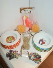 7 PC Pet Doggie TOYS Dog Tug Rope Chew Squeaky Plastic BOWLS Rawhide Treats NEW