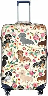 [pvinnk] Dachshund Floral Print Protective Luggage Cover Elastic Washable Suitcase Travel Gear Protector, White, Large