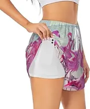 [WURTON] Flock of Red Flamingos on The Beach Print Exercise Gym Workout Shorts Women's Athletic Shorts Dual-Layered Yoga Running