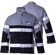 Weldas® U.S. patented Arc Knight® heavy duty flame retardant cotton welding jacket with leather reinforcement at critical areas, high visibility reflective stripes, 38-4355, Grey