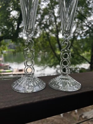 Two Millenium RARE 2000 Champagne Flute Glasses Genuine Crystal Anniversary