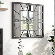 Full Mirrored Square Wall Clock Large Roman Numeral Clock Silver Finish Modern Home Decorative Mount,Square Clock Black Wall Decor for Office Bedroom Entryway Foyer Fireplace Decor,60CM,Mirror