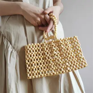 原木簡約串珠方形手提包