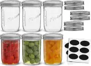 16 Oz Mason Jars with Lids, Labels and Measures! 6-Pack Wide Mouth Mason Jars, G