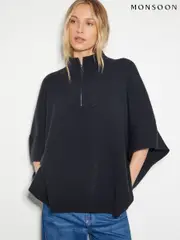 Monsoon Black Half Zip Knit Poncho (AK3579) | $136