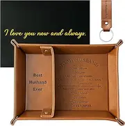 Haooryx Leather Catchall Wallet Tray - 3Pcs Father's Day Best Husband Ever Brown PU Leather Valet Catchall Jewelry Dish Trinket Tray Keychain Nightstand Ring Holder Dad Best Papa Birthday Gift Present