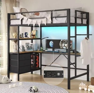 Twin Metal Loft Bed with Desk, LED Lights, LED Loft Twin Bed Frame with Storage