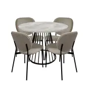 HomeStar 5Pc Dining Set Matilda Round Dining Table 110cm Faux Cement W/ 4Pc Archie Fabric Dining Chair Latte