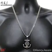 24"MEN Stainless Steel 7mm Silver Cuban Curb Chain Anchor JESUS Cross Pendant*58