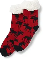 Little Blue House by Hatley Women's Sherpa Lined Cabin Socks, Moose on Red, One size