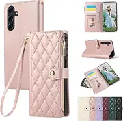Vaitasy Mobile Phone Case for Samsung Galaxy A14 5G Zip Case Business PU Leather Flip Case for Galaxy A14 4G Protective Case with Card Slot Stand Rose Gold