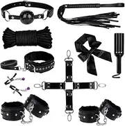 Sex Bondage BDSM Restraints Sex Toys 10 Pcs Set, SM Sex Toy Adult Toys Games Cuffs Gag Blindfold Spanking Paddle Safe Fetish Bed BDSM Kit Cuffs Nipple Clamps Ball Gag Rope Cosplay for Women Couples (Black)