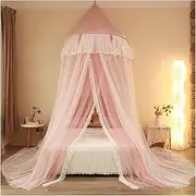 Girls Dome Bed Canopy with Lights,Hanging Bed Curtains from Ceiling,Double Layer Fantasy Lace Design Bedroom Bedding Accessories for Girls and Adults(Pink)