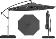 [Costway] 3m Solar Offset Hanging Umbrella with Base, Patio Cantilever Umbrella w/ 32 LED Lights, Infinite Tilt, 360° Rotation, Crank Handle, Sun-Protective Canopy, Outdoor Parasol for Pool Garden Lawn Deck