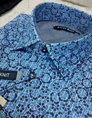NWT Stone Rose men's size 2(Small)Short sleeve button down Knit Shirt Abstract F