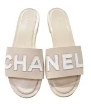 Chanel 23P Ivory White Leather CC Logo Letter Mules Slide Slip Sandal Flat 39