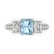 4.26 Emerald Round Cut 3 stone Blue Promise Wedding Ring 14k White Solid Gold