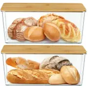 2 Pcs Clear Bread Box with Bamboo Board Lid for Kitchen Countertop, Bread Sto...