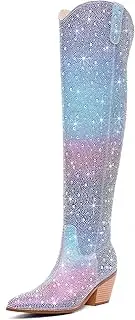 [RONILURN] Women Rhinestone Over the Knee Cowboy Boots, Sparkly Bling Cowgirl Boots Western Thigh High Boots Pull-On Side Zippers Chunky Heel Pointed Toe Size5-12 For Fashion&Daily