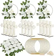 48 Pcs Baptism Centerpiece Decoration for Table 12 Wood Cross 12 Metal Floral Hoop Centerpiece with Stand 24 Foam Rose with Stem for Baptism Baby Shower Wedding(Wood and White,Classic)