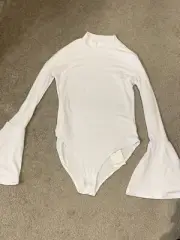 Mangopop White Bodysuit Size S Bell sleeve High Neck Smooth Soft Classic NWT