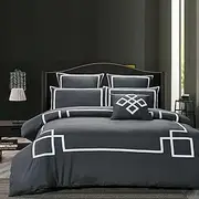 Charcoal Grey Quilt Cover Set, Striped Pattern Quilt Cover, 3pcs Border Grey Doona Cover Set (Super King Size)