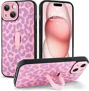Jefonha for iPhone 15 Case with Finger Hand Strap Kickstand, Trendy Cool Leaopard Cheetah Print Phone Case for Women Men, Full Camera Protection Shockproof Protective Cover, Pink