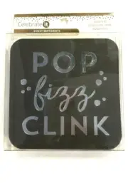 New! Celebrate It POP fizz CLINK Paper Coasters 12 Pc Black Square