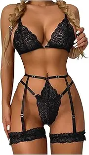 [Generic] Women Lingerie Garter Set with Garter Lingerie V-Neck Bra Thong Lace Women Suit Pajamas Underwear Women Lingerie Gown