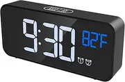 (Upgraded) Digital Alarm Clock, Mirror LED Clock, 4 Adjustable Brightness with Voice Control, Dual Alarms, Snooze, Temperature Display, USB Charging Port for Bedroom, Office, Kids （Black）
