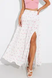 White Floral Maxi Skirt Bouquet Ditsy Side Split Skirt - Size 14, Women's Maxi Skirt