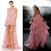 Mac Duggal Pink High Low Ruffle Tiered Gown with Built in Bodysuit Size 2 55320