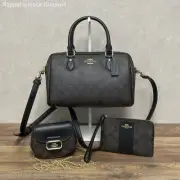NWT Coach Signature Rowan 'Brown/Black' Satchel Handbag, Wristlet & Card Case