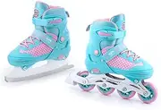 SMJ Lily Children's Girls' Set 2-in-1 Adjustable Inline Skates/Ice Skates ABEC-7 Roller Skates Convertible to Ice Skates Turquoise/Pink