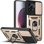 [Eabhulie] Motorola Edge 30 Ultra Case, Rugged Armor Protection Case with Slide Camera Cover & Ring Holder Stand for Motorola Edge 30 Ultra Gold