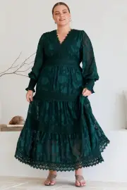 Rouge Maxi Dress - Lace Overlay Tiered Dress in Emerald