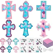 Tinlade 24 Sets Mother's Day Crafts Religious Cross Suncatcher Tissue Paper Craft Kit DIY Window Decor Make Your Own Cross Hanging Ornaments for Mother's Day Easter Holiday Activities Party Favors