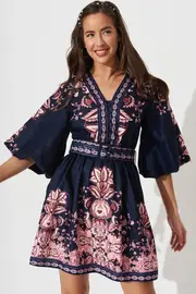 Amira Shirt Dress 3/4 Sleeve in Navy With Blush Floral 8
