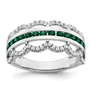 14k White Gold Created Emerald and Real Diamond Scallop Ring