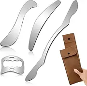 Muscle Scraper Tool, 4 in 1 Gua Sha Body Tool with Long Bar and Derma Edge for Physical Therapy, Multi-Functional Stainless Steel Gua Sha Tool with Storage Bag for Elbows, Wrists, Knees, and Back