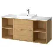 ÄNGSJÖN / BACKSJÖN wash-stand/wash-basin/tap, oak effect/white marble effect, 142x49x71 cm