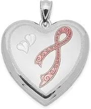 [JewelryWeb] 925 Sterling Silver Patterned Holds 2 photos Polished and satin 24mm Enameled Sparkle Cut Pink Ribbon Love Heart Locket