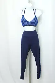 Athleta 2 Piece Set Women's Large Navy Blue Stripes Leggings And Sports Bra Top