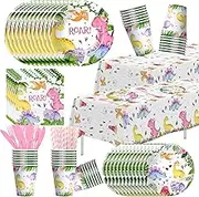 Dinosaur Birthday Party Supplies For Girl - Pink Dino Dinosaur Baby Shower Decorations Tableware, Paper Plate, Cup, Napkin, Tablecloth, Cutlery, Dinosaur Birthday Table Decorations | 24 Guest