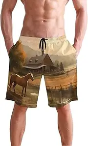 [XYMZR] Men's Swim Trunks Landscape Farmhouse Horse Quick-Dry Bathing Suit Swimming Board Shorts S
