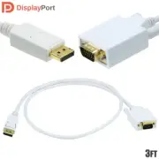 3FT DisplayPort PD to VGA Monitor Video Cable Shielded Gold Plated 28AWG White
